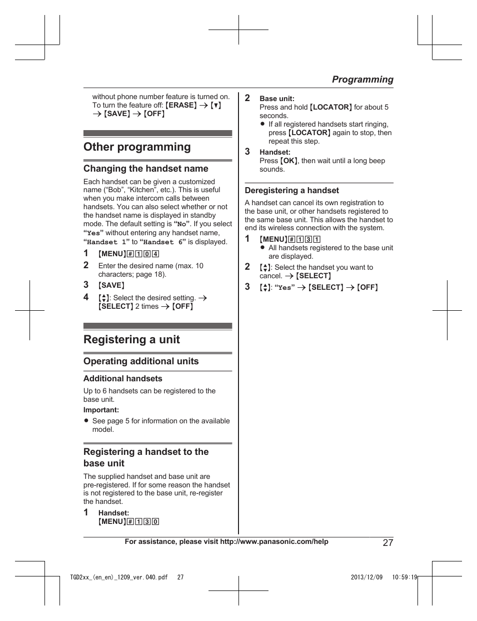 Other programming, Registering a unit, Other programming registering a unit | Panasonic KXTGD224 User Manual | Page 27 / 56