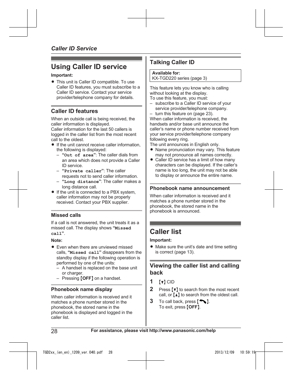 Caller id service, Using caller id service, Caller list | Using caller id service caller list | Panasonic KXTGD224 User Manual | Page 28 / 56