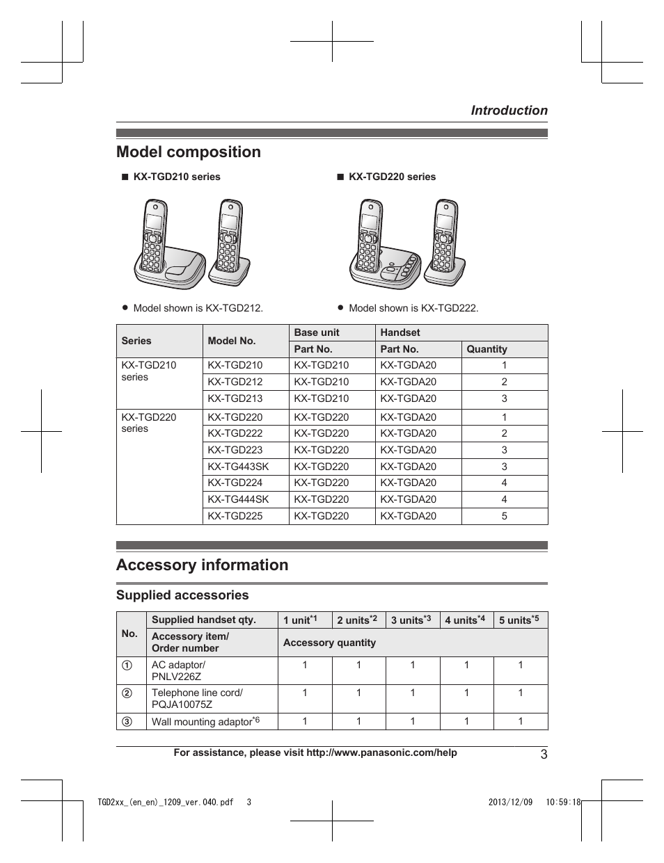 Introduction, Model composition, Accessory information | Model composition accessory information, Supplied accessories, 3introduction | Panasonic KXTGD224 User Manual | Page 3 / 56