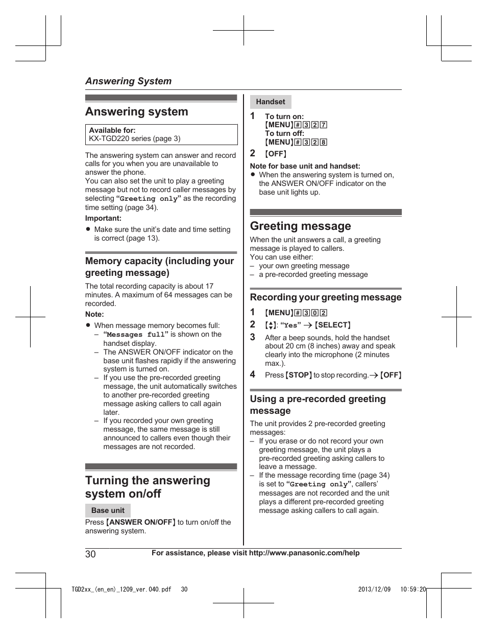 Answering system, Turning the answering system on/off, Greeting message | Panasonic KXTGD224 User Manual | Page 30 / 56