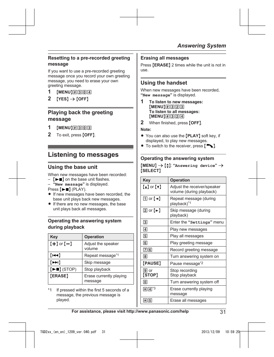 Listening to messages, Playing back the greeting message 1, Using the base unit | Using the handset, 31 answering system | Panasonic KXTGD224 User Manual | Page 31 / 56