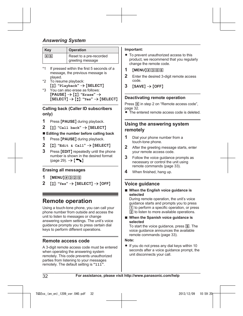 Remote operation | Panasonic KXTGD224 User Manual | Page 32 / 56