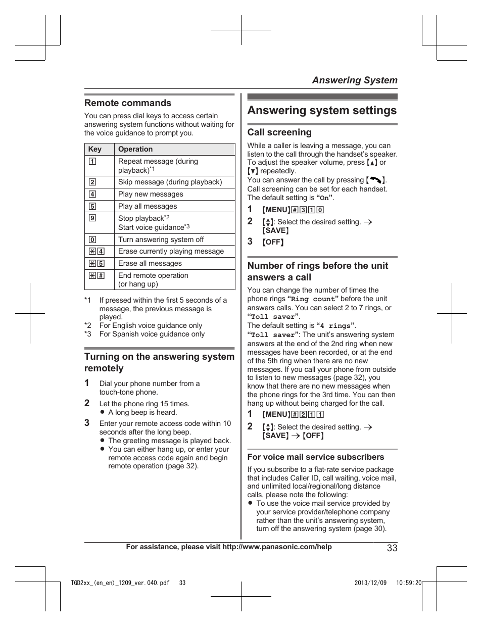 Answering system settings | Panasonic KXTGD224 User Manual | Page 33 / 56