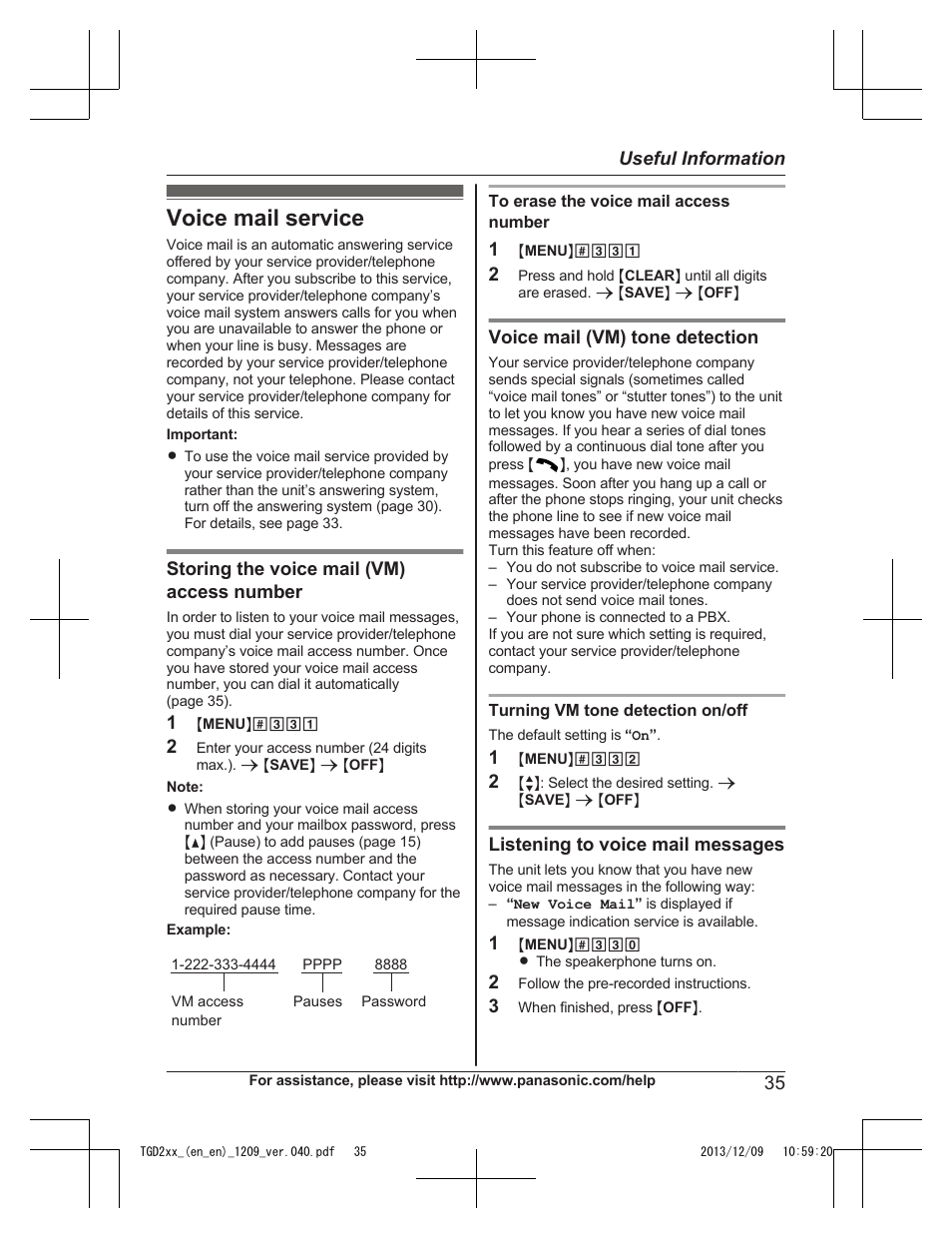 Useful information, Voice mail service | Panasonic KXTGD224 User Manual | Page 35 / 56