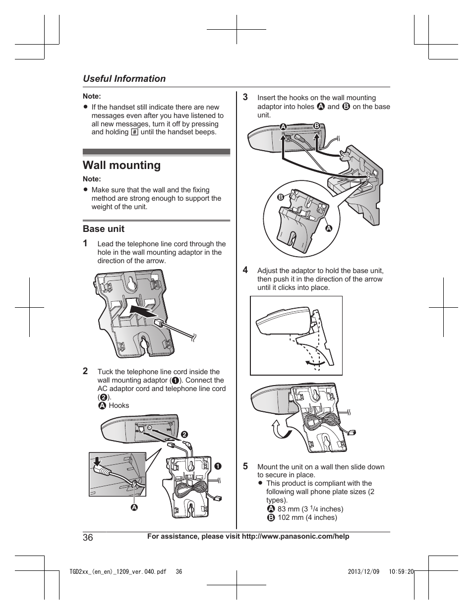 Wall mounting | Panasonic KXTGD224 User Manual | Page 36 / 56