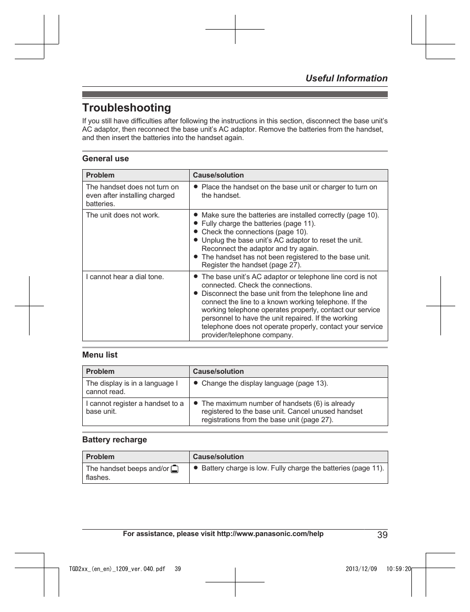 Troubleshooting, 39 useful information | Panasonic KXTGD224 User Manual | Page 39 / 56