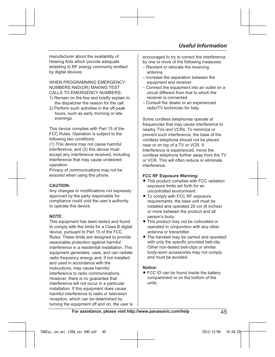 45 useful information | Panasonic KXTGD224 User Manual | Page 45 / 56