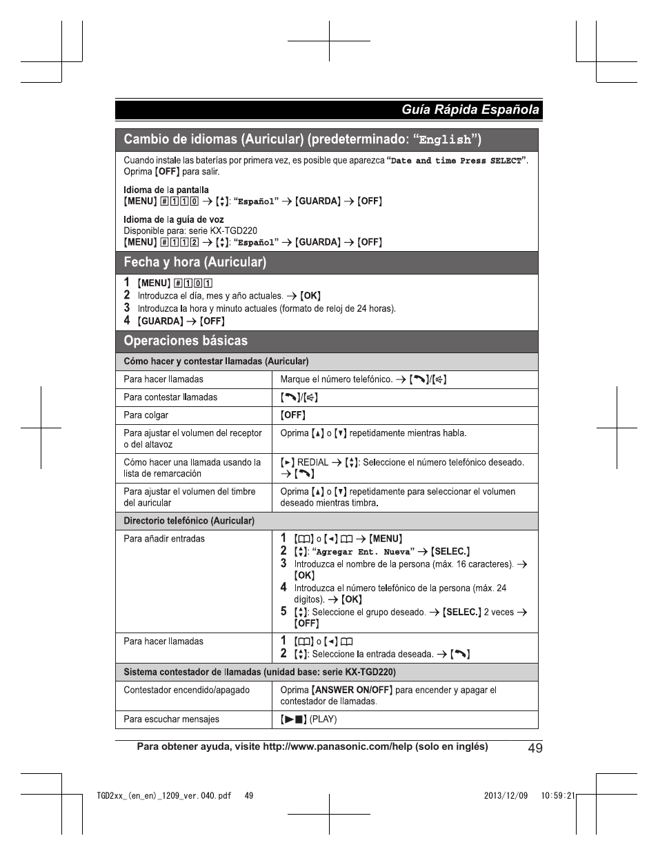 49 guía rápida española | Panasonic KXTGD224 User Manual | Page 49 / 56