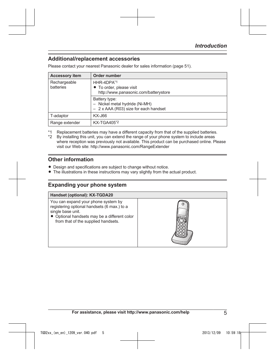 Additional/replacement accessories, Other information, Expanding your phone system | 5introduction | Panasonic KXTGD224 User Manual | Page 5 / 56
