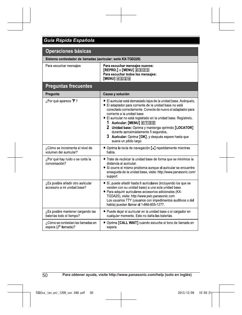 Guía rápida española | Panasonic KXTGD224 User Manual | Page 50 / 56