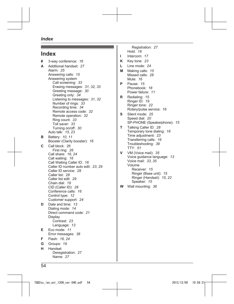 Index, 54 index | Panasonic KXTGD224 User Manual | Page 54 / 56