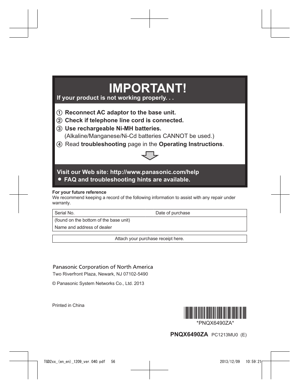 Pnqx6490za, Important | Panasonic KXTGD224 User Manual | Page 56 / 56