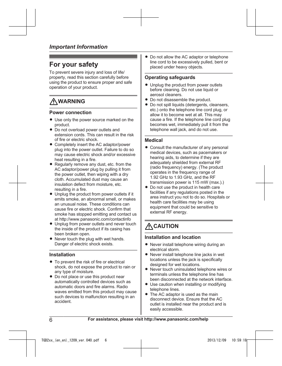 Important information, For your safety | Panasonic KXTGD224 User Manual | Page 6 / 56