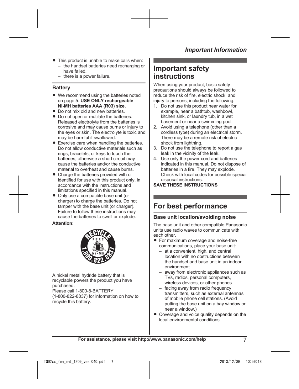 Important safety instructions, For best performance, Important safety instructions for best performance | Panasonic KXTGD224 User Manual | Page 7 / 56