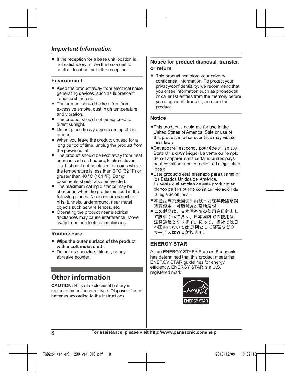 Other information, Important information | Panasonic KXTGD224 User Manual | Page 8 / 56