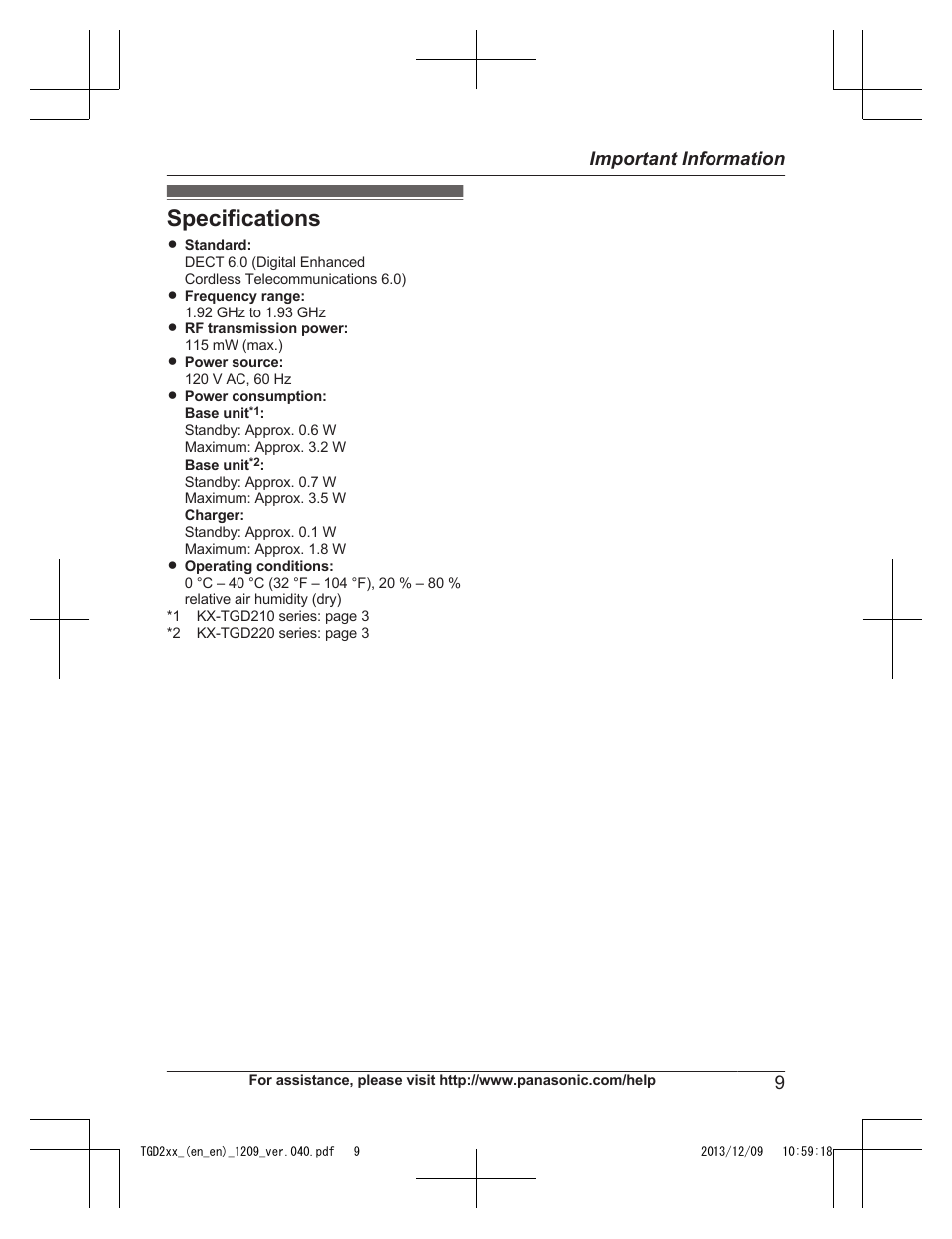 Specifications, 9important information | Panasonic KXTGD224 User Manual | Page 9 / 56