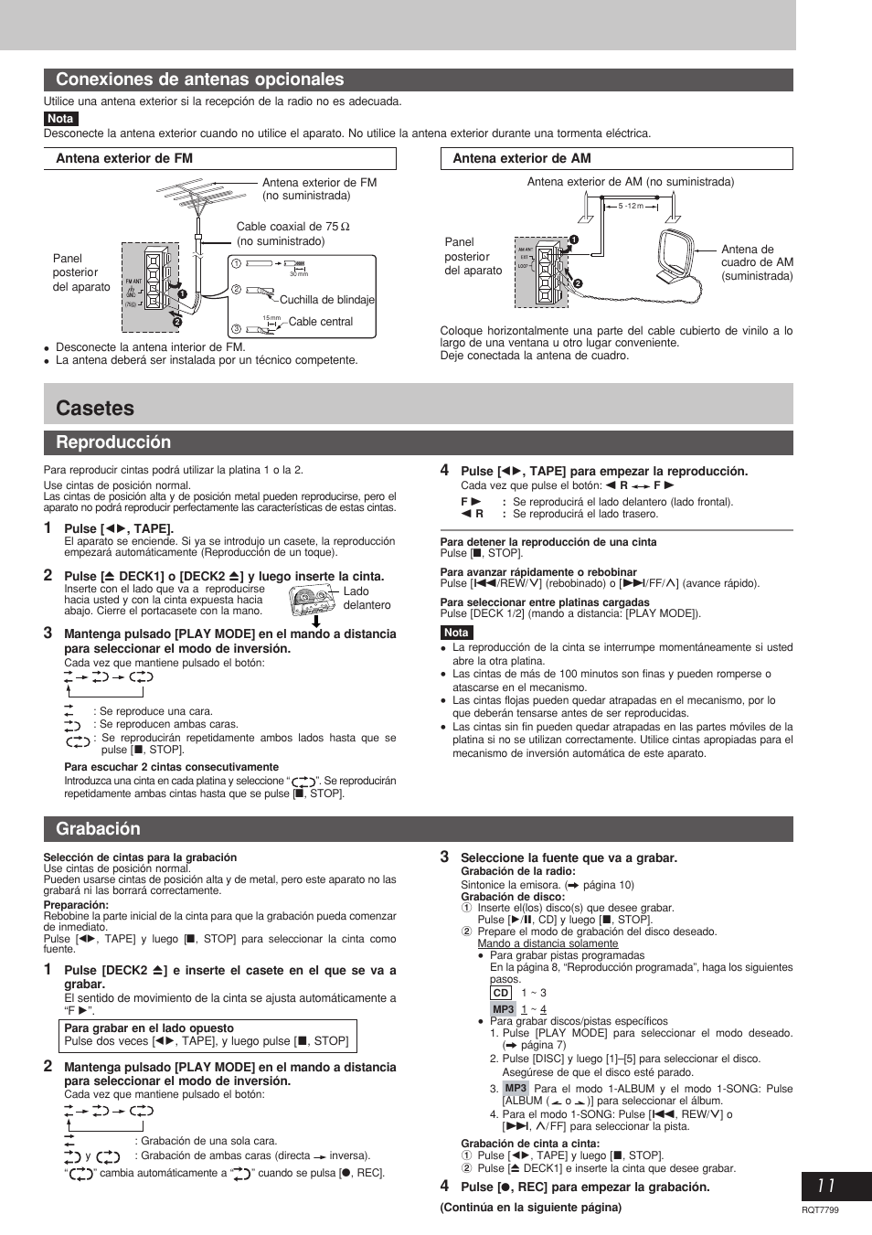 Casetes, Conexiones de antenas opcionales, Grabación | Reproducción | Panasonic SCAK331 User Manual | Page 11 / 32