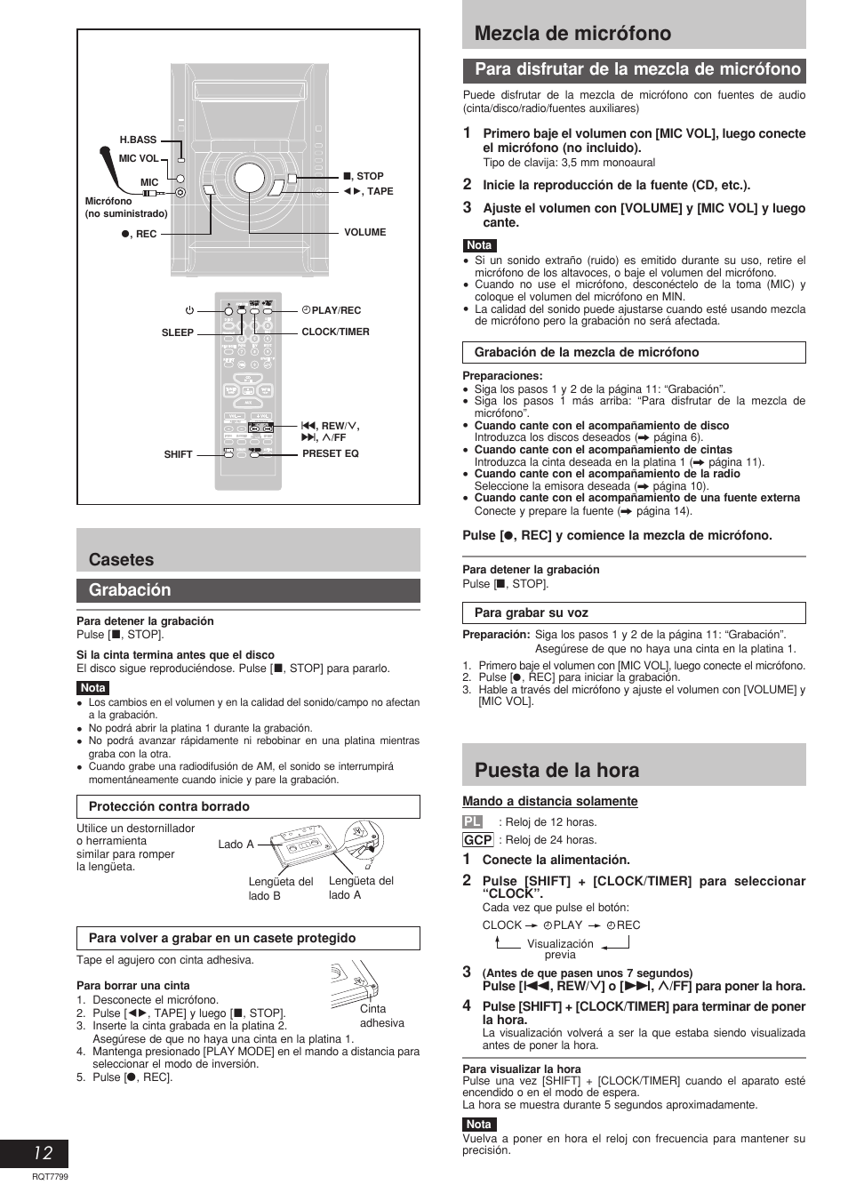 Puesta de la hora, Mezcla de micrófono, 12 para disfrutar de la mezcla de micrófono | Casetes grabación | Panasonic SCAK331 User Manual | Page 12 / 32