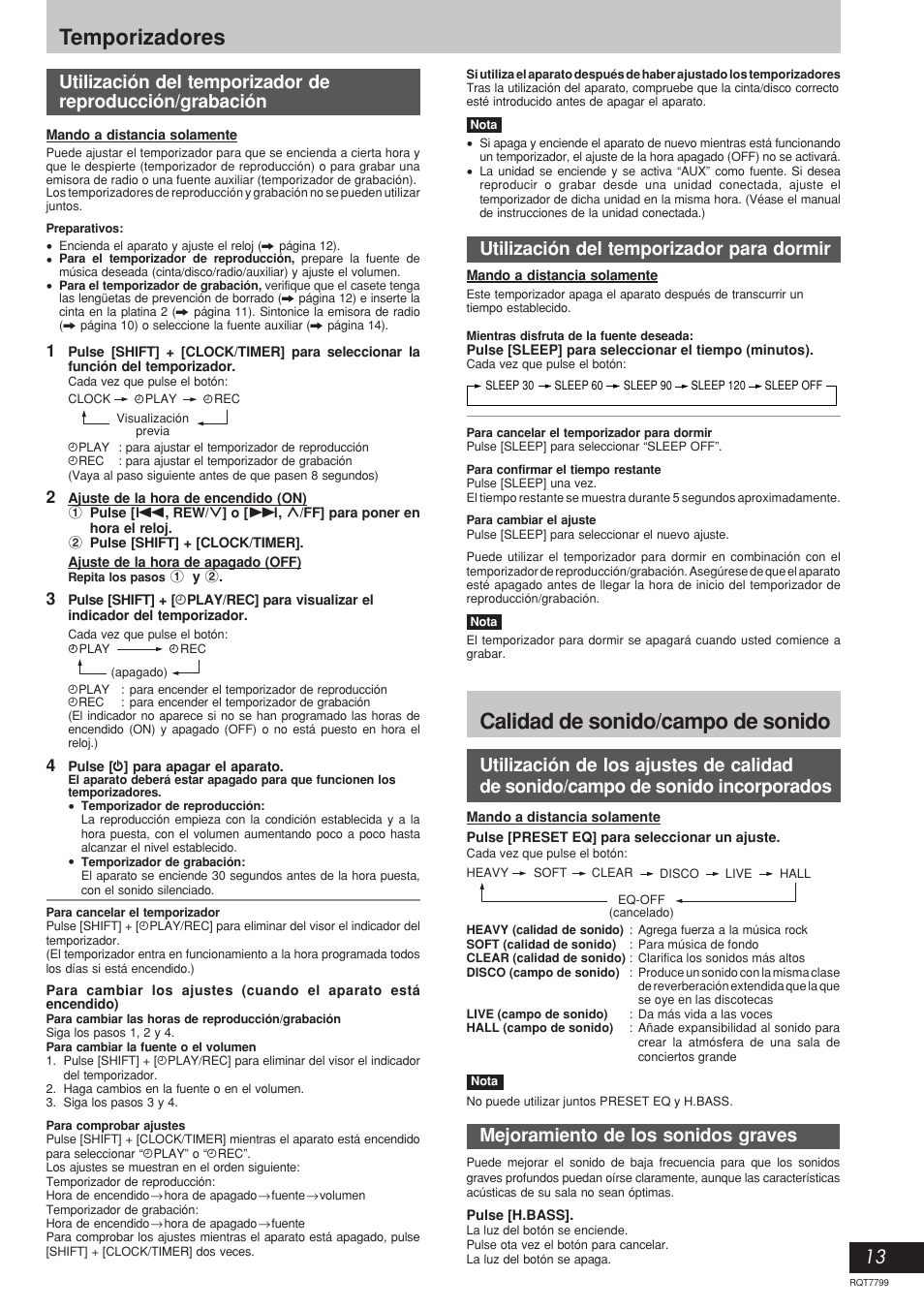 Temporizadores, Calidad de sonido/campo de sonido, Utilización del temporizador para dormir | Mejoramiento de los sonidos graves | Panasonic SCAK331 User Manual | Page 13 / 32