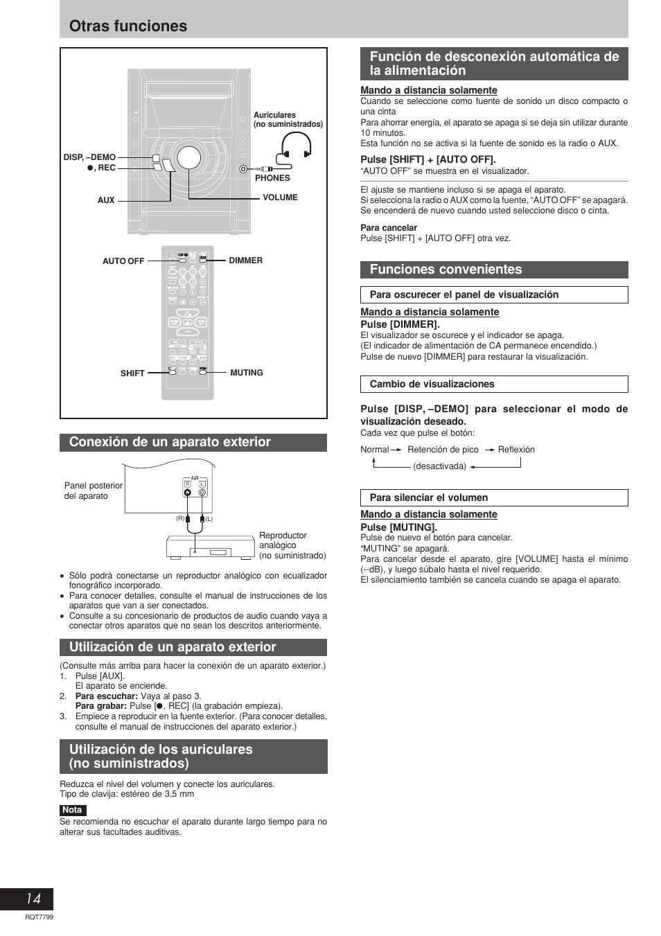 Otras funciones, Utilización de un aparato exterior, Utilización de los auriculares (no suministrados) | Conexión de un aparato exterior | Panasonic SCAK331 User Manual | Page 14 / 32