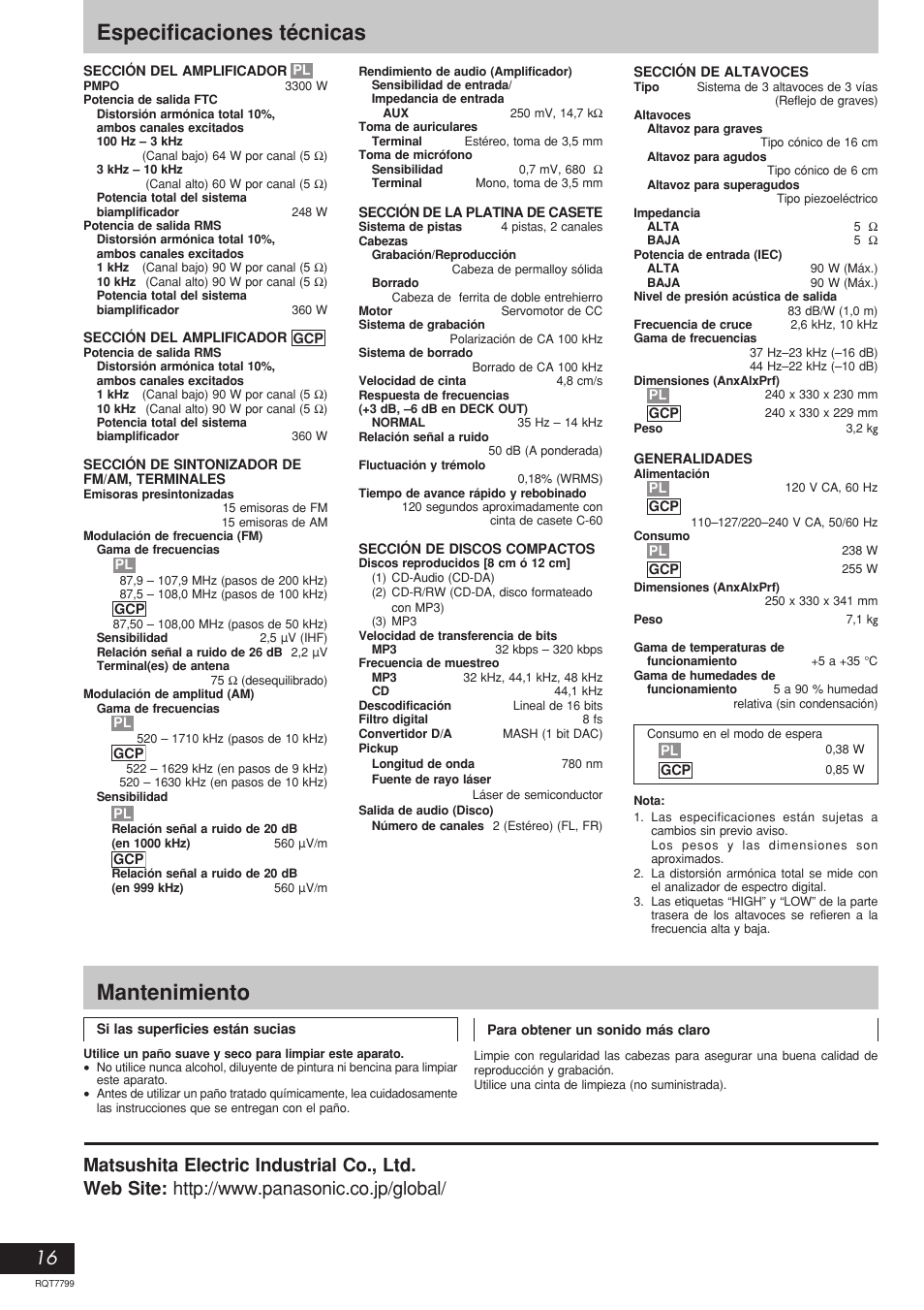 Especificaciones técnicas, Mantenimiento | Panasonic SCAK331 User Manual | Page 16 / 32