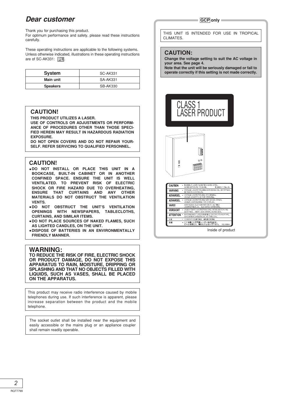 Dear customer, Warning, Caution | Panasonic SCAK331 User Manual | Page 18 / 32