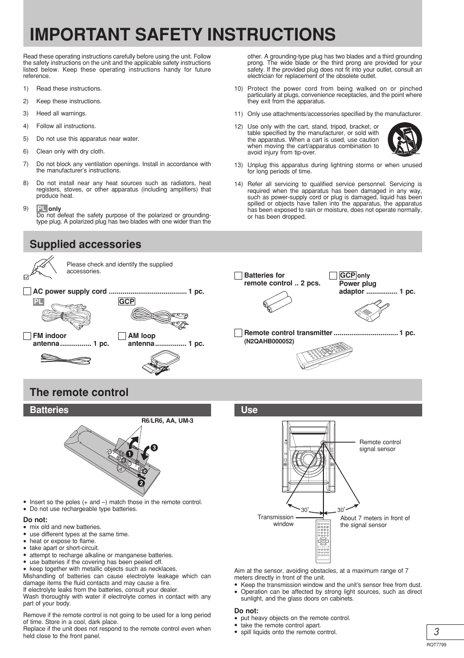 Important safety instructions, The remote control, Supplied accessories | Batteries | Panasonic SCAK331 User Manual | Page 19 / 32