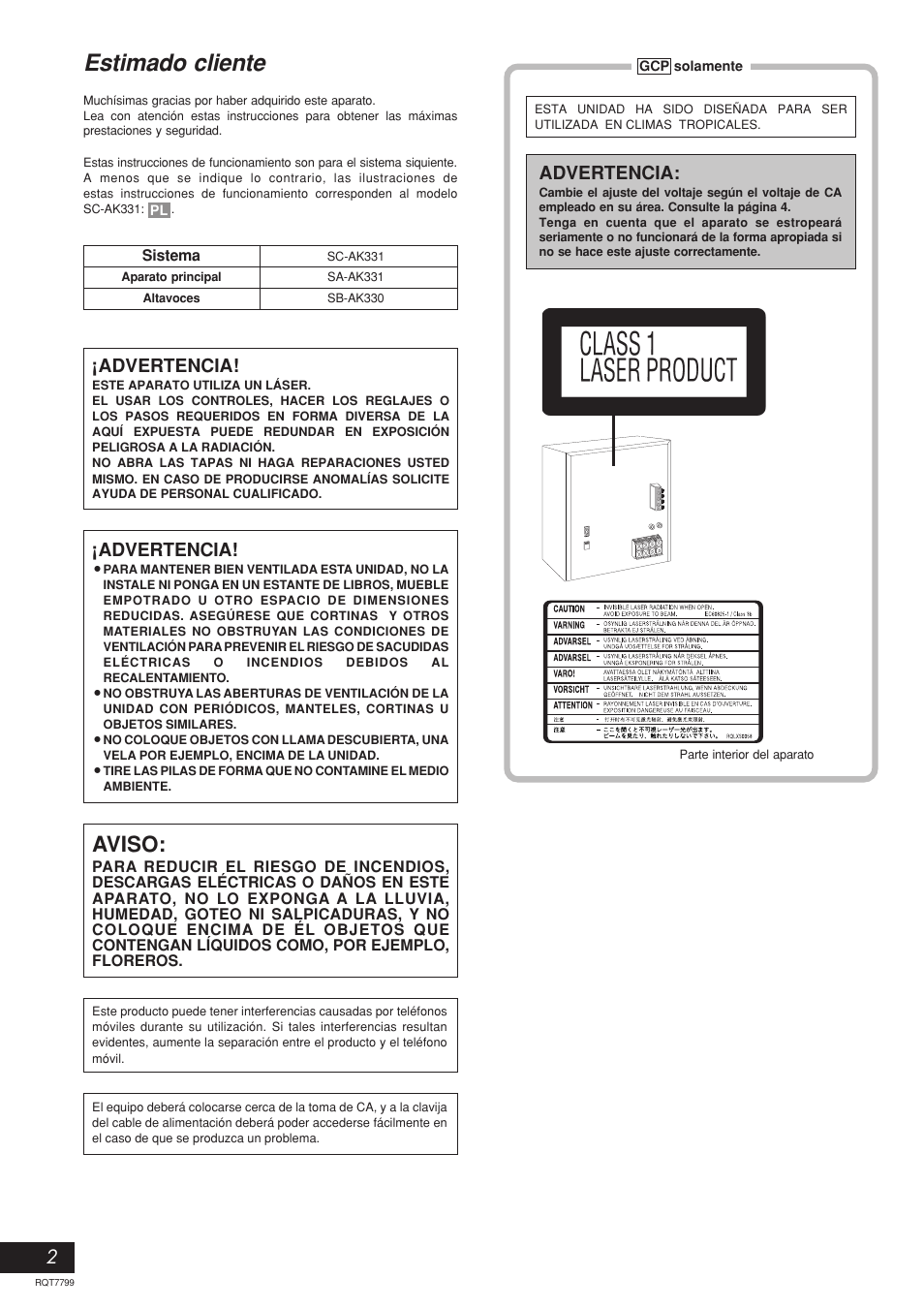 Estimado cliente, Aviso, Advertencia | Panasonic SCAK331 User Manual | Page 2 / 32