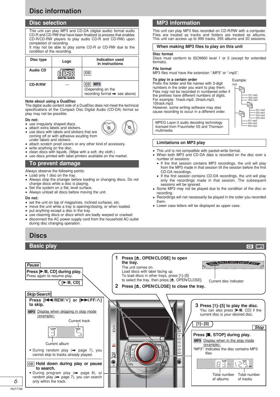 Disc information, Discs, Disc selection mp3 information | Basic play | Panasonic SCAK331 User Manual | Page 22 / 32