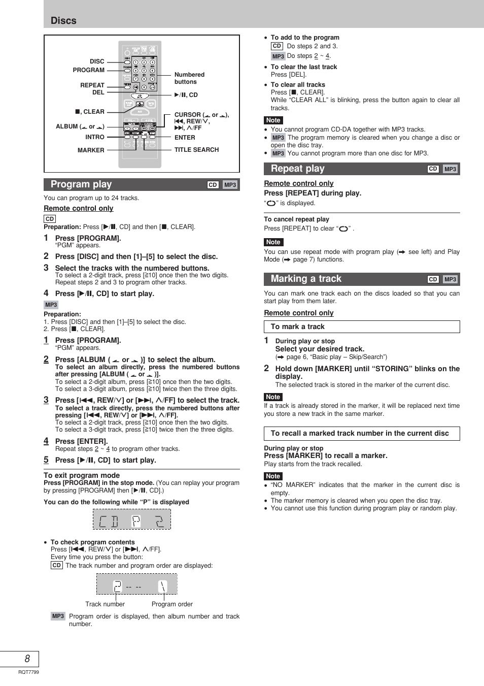 8discs program play, Marking a track, Repeat play | Panasonic SCAK331 User Manual | Page 24 / 32