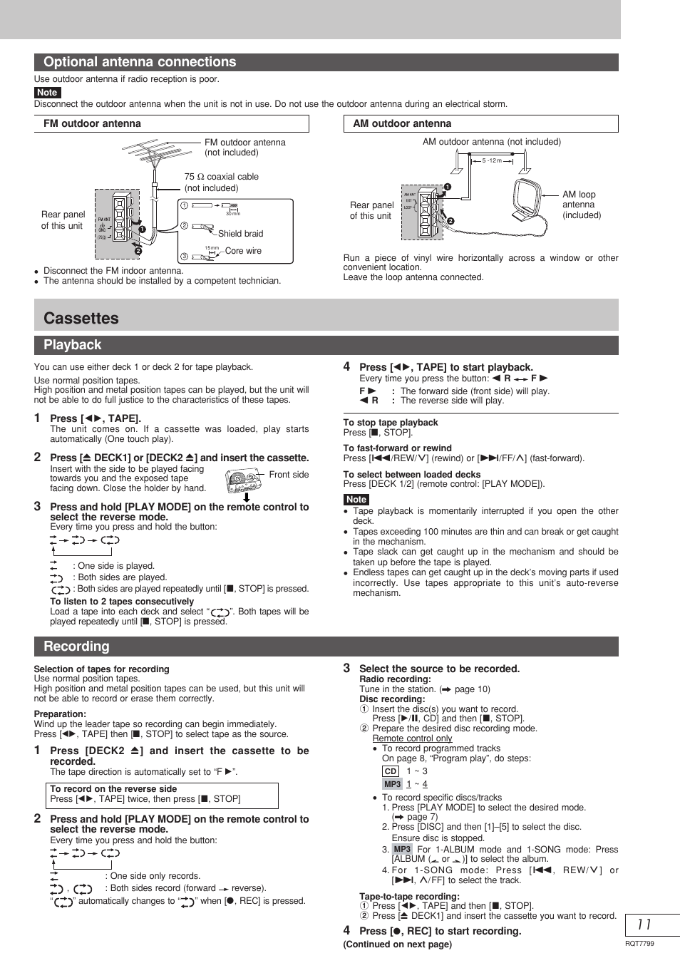 Cassettes, Optional antenna connections, Recording | Playback | Panasonic SCAK331 User Manual | Page 27 / 32