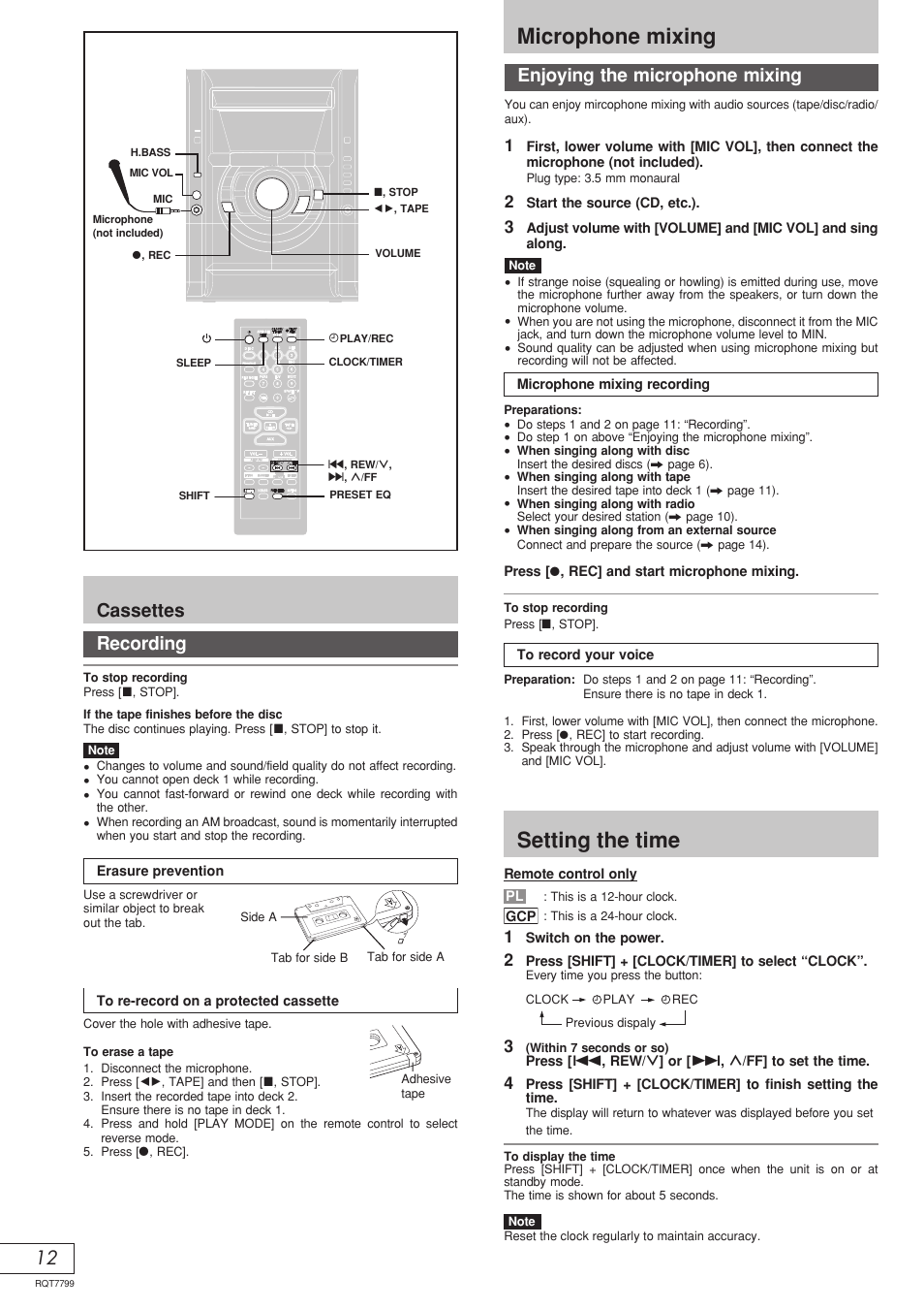 Setting the time, Microphone mixing, 12 enjoying the microphone mixing | Cassettes recording | Panasonic SCAK331 User Manual | Page 28 / 32