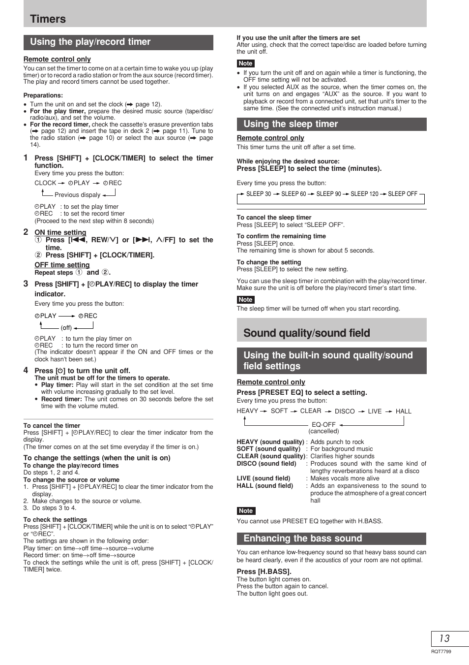 Timers, Sound quality/sound field, 13 using the play/record timer | Using the sleep timer, Enhancing the bass sound | Panasonic SCAK331 User Manual | Page 29 / 32