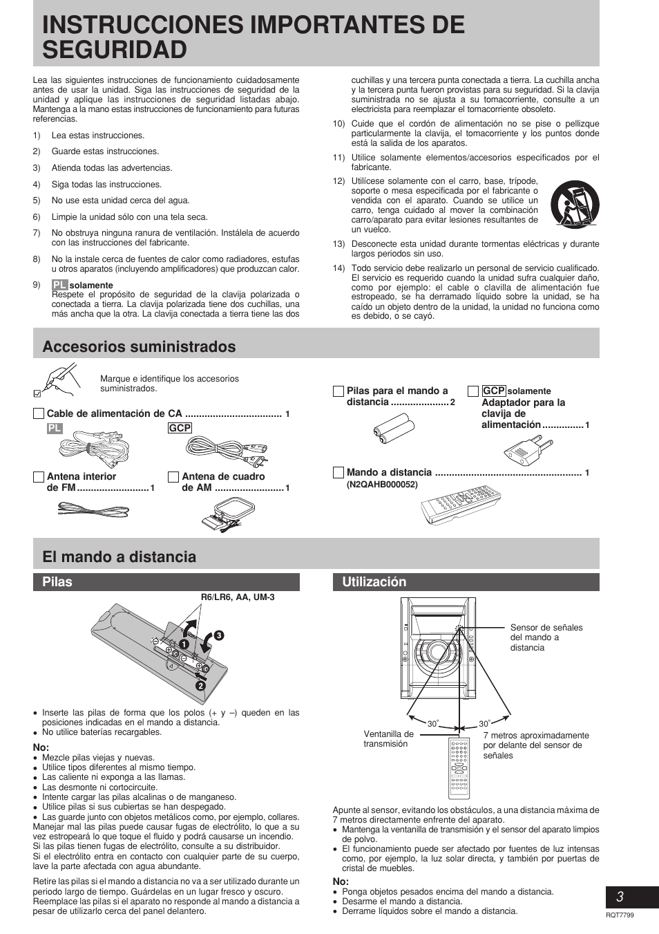 Instrucciones importantes de seguridad, El mando a distancia, Accesorios suministrados | Pilas, Utilización | Panasonic SCAK331 User Manual | Page 3 / 32