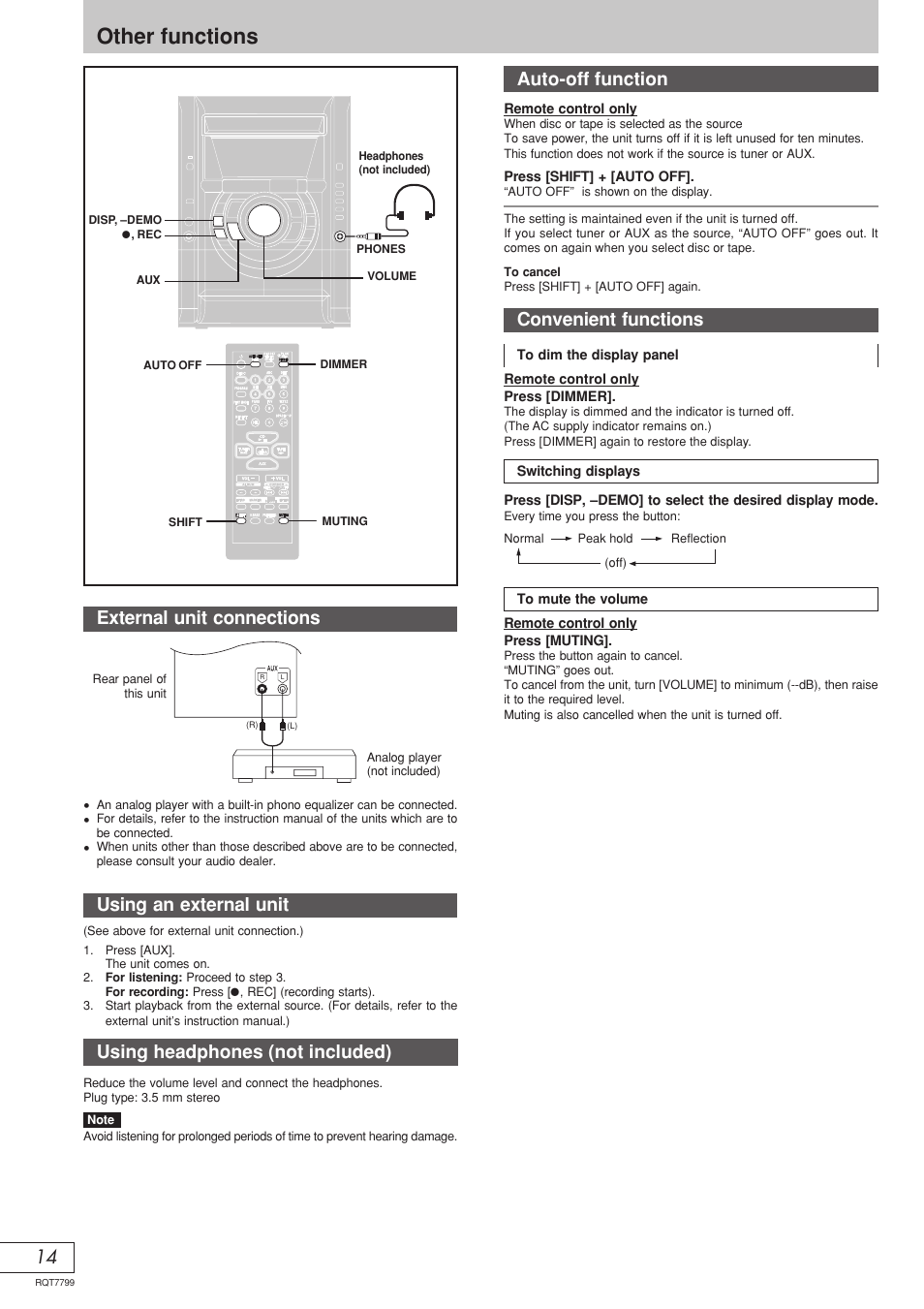 Other functions, Using an external unit, Using headphones (not included) | External unit connections, Auto-off function convenient functions | Panasonic SCAK331 User Manual | Page 30 / 32