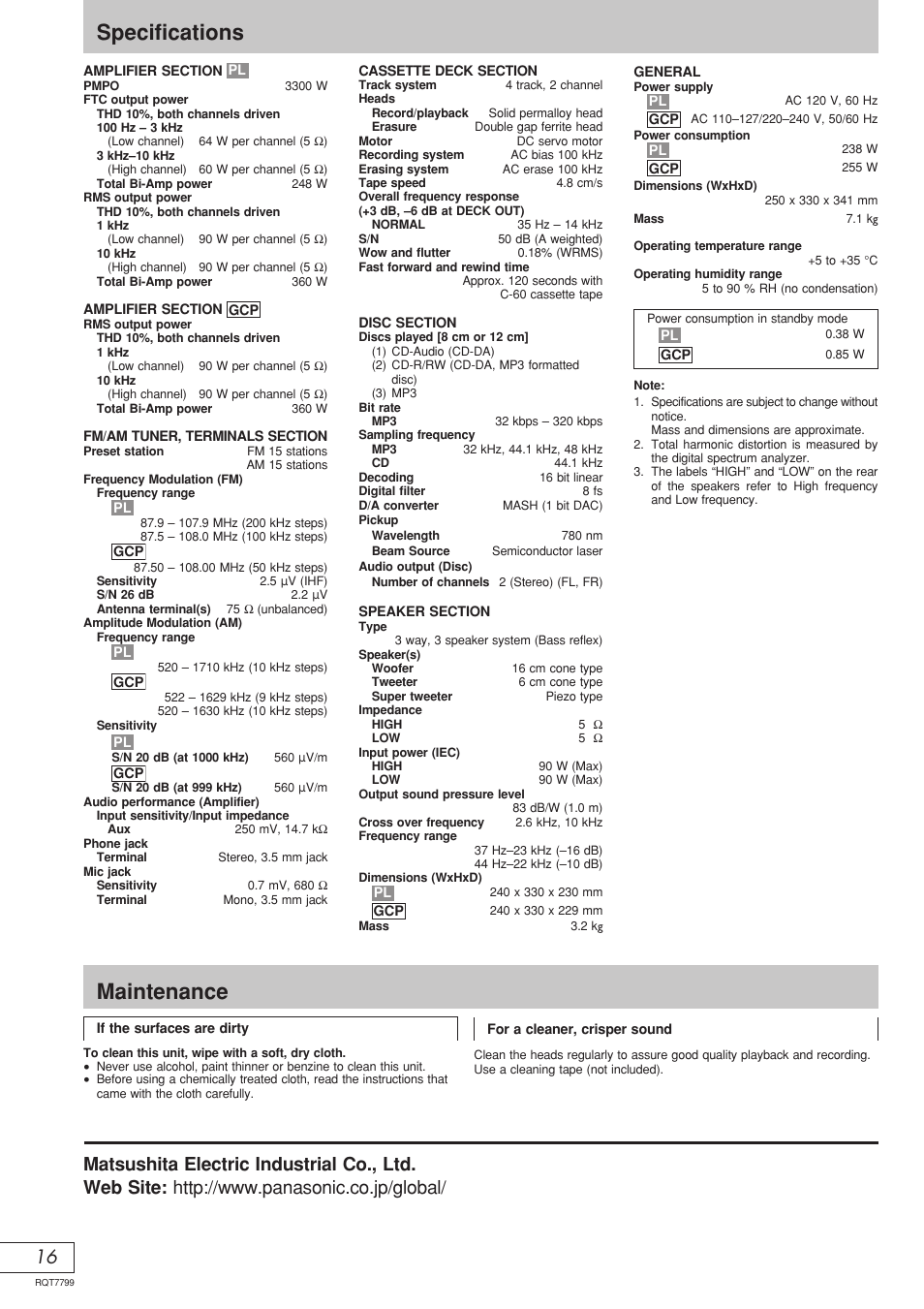 Specifications, Maintenance | Panasonic SCAK331 User Manual | Page 32 / 32