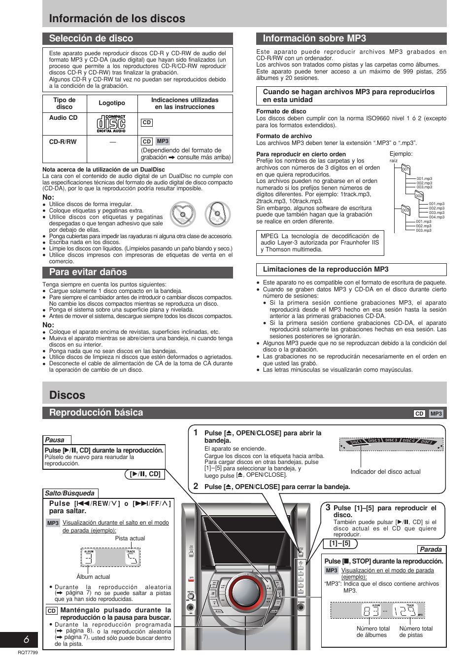 Información de los discos, Discos, Selección de disco información sobre mp3 | Reproducción básica, Para evitar daños | Panasonic SCAK331 User Manual | Page 6 / 32