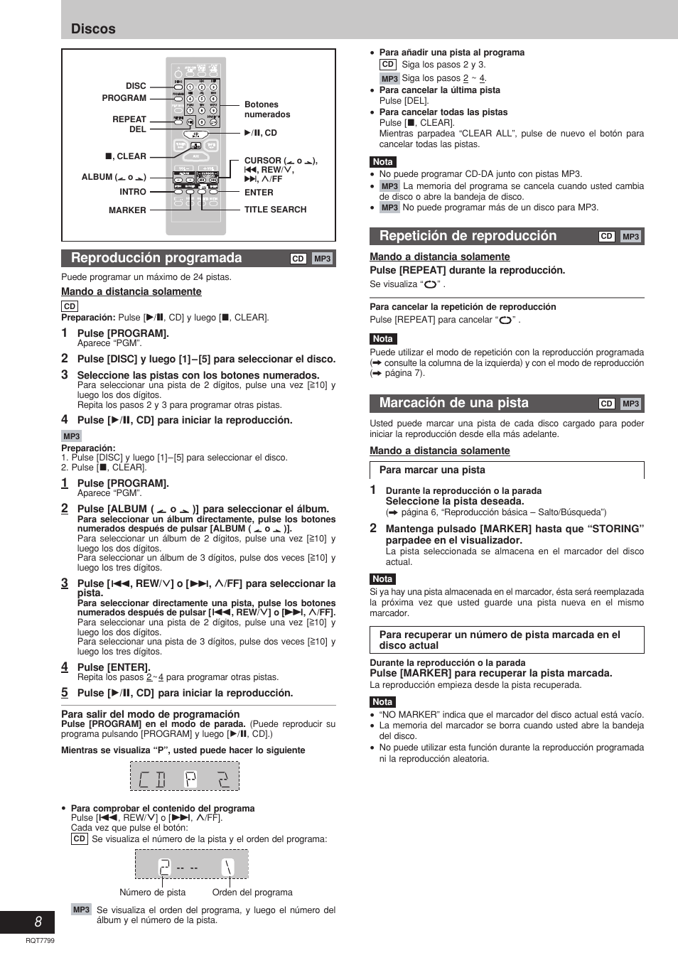 8discos reproducción programada, Marcación de una pista, Repetición de reproducción | Panasonic SCAK331 User Manual | Page 8 / 32