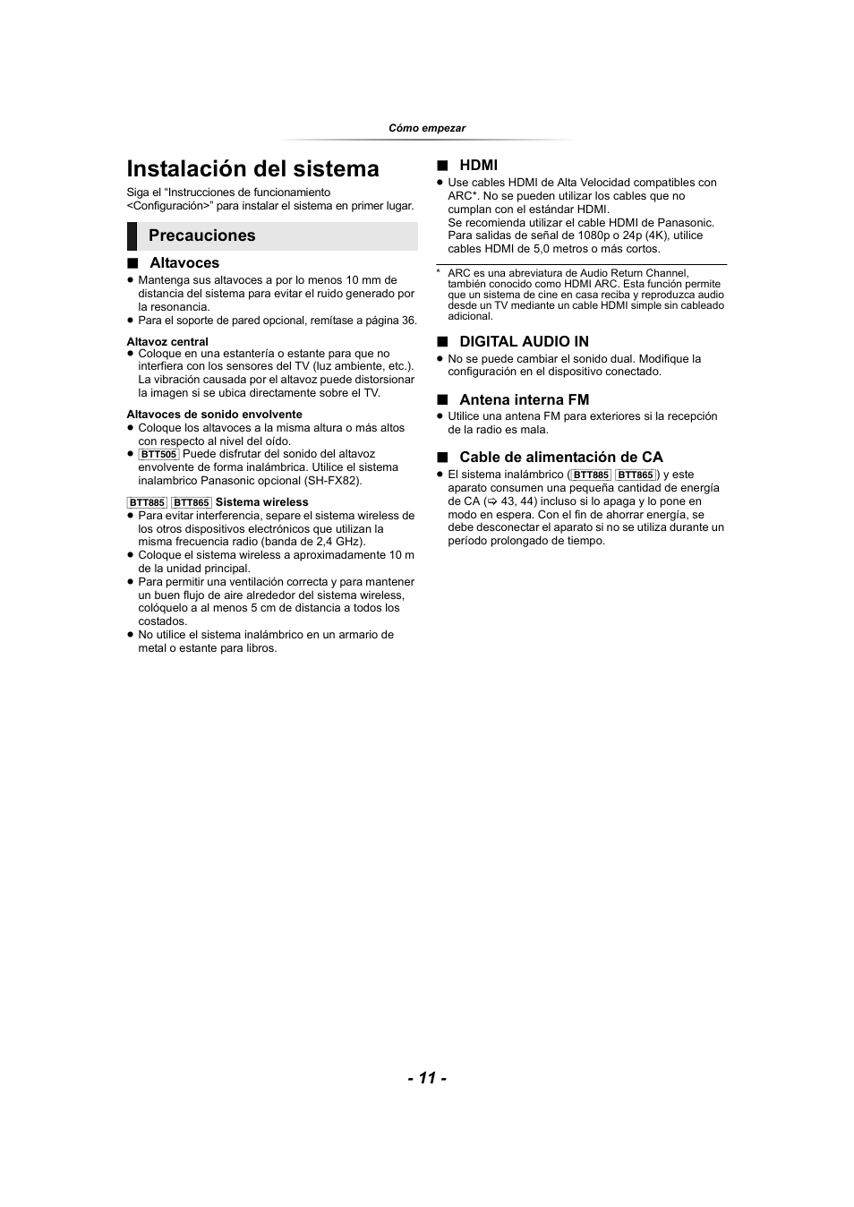 Instalación del sistema, Precauciones | Panasonic SCBTT865EG User Manual | Page 11 / 48