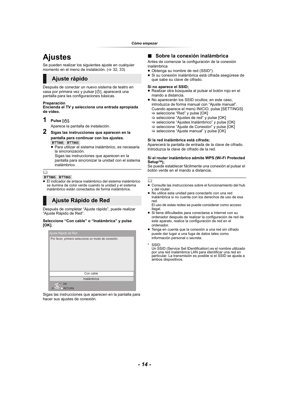 Ajustes, Ajuste rápido ajuste rápido de red, Sobre la conexión inalámbrica | Panasonic SCBTT865EG User Manual | Page 14 / 48