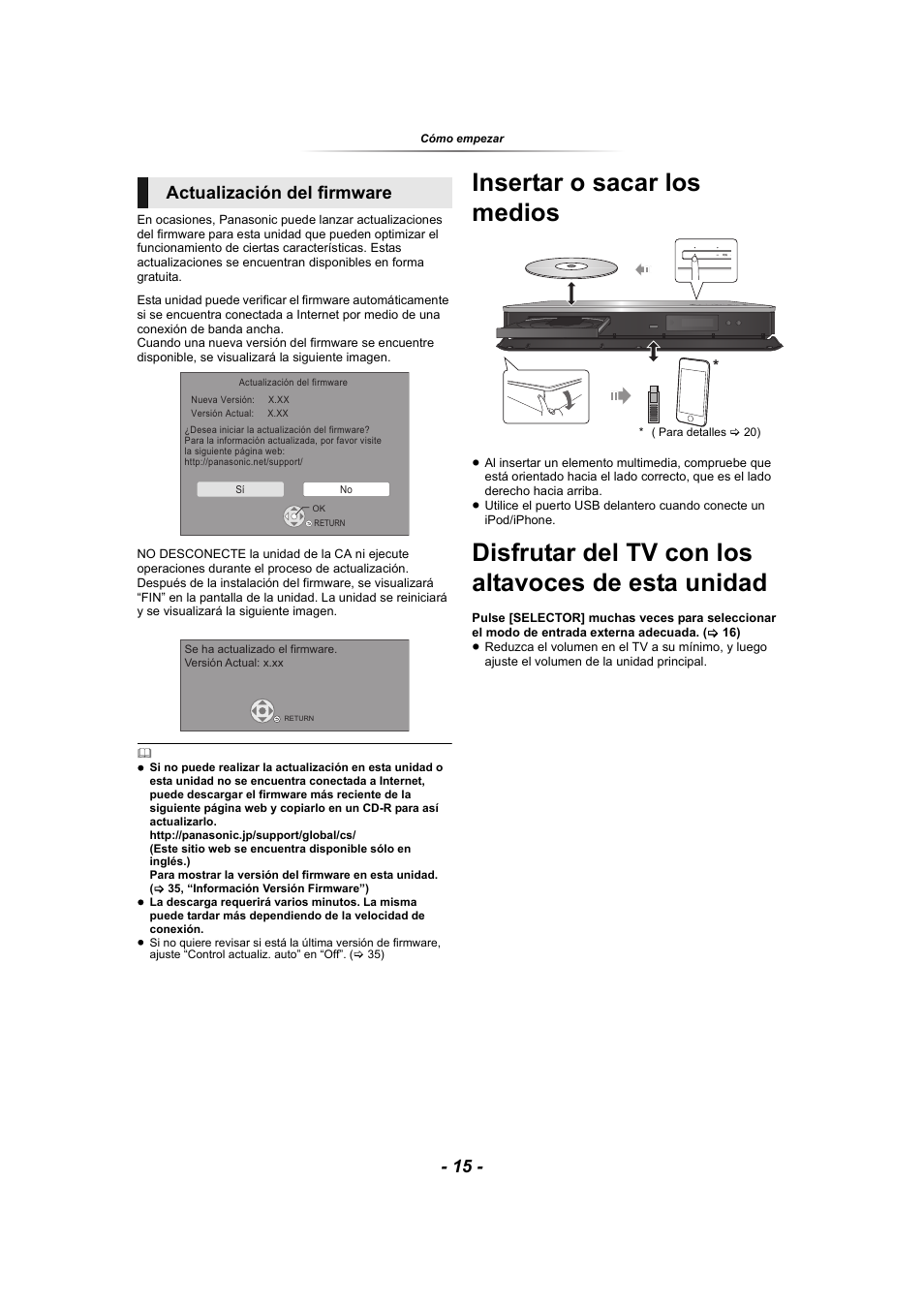 Insertar o sacar los medios, Disfrutar del tv con los altavoces de esta unidad, Usb (> 15 | Usb (> 15), E) (> 15), Actualización del firmware | Panasonic SCBTT865EG User Manual | Page 15 / 48