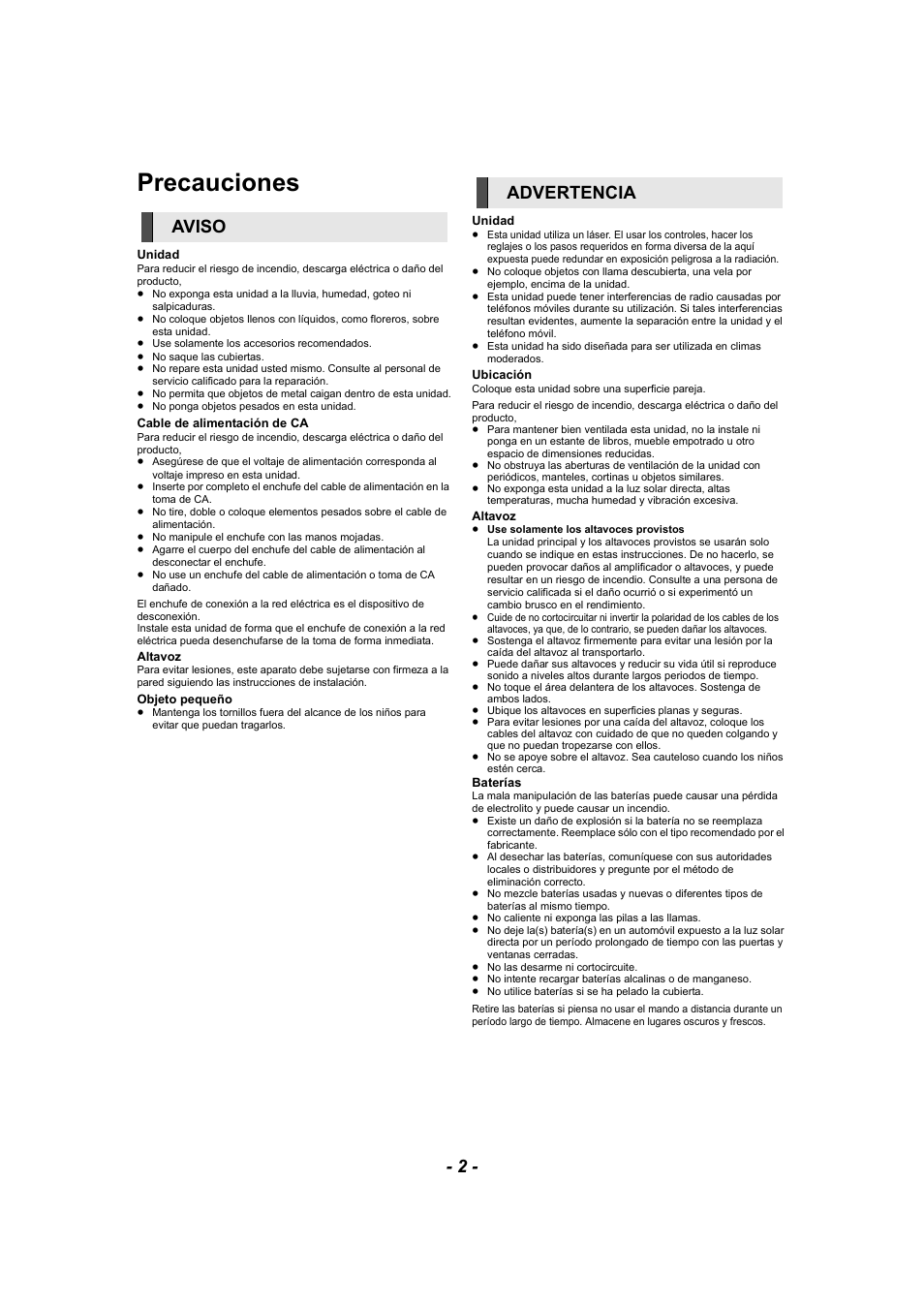 Precauciones, Aviso advertencia | Panasonic SCBTT865EG User Manual | Page 2 / 48