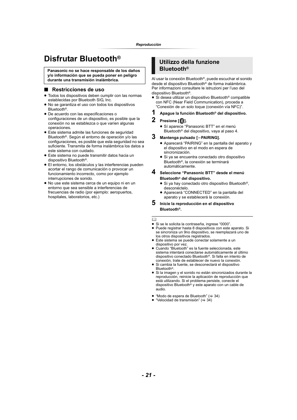 Disfrutar bluetooth, Utilizzo della funzione bluetooth, Restricciones de uso | Panasonic SCBTT865EG User Manual | Page 21 / 48
