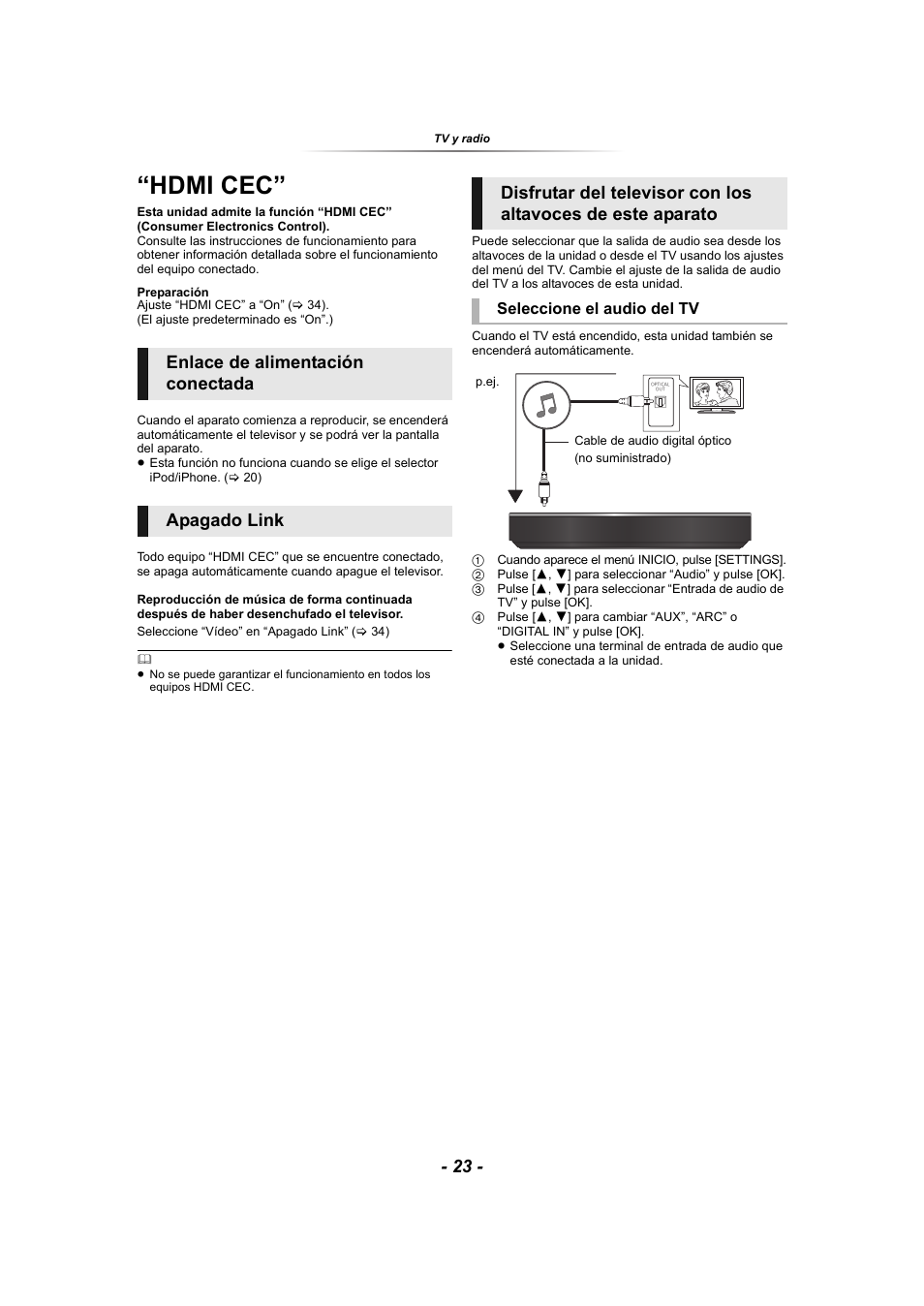 Tv y radio, Hdmi cec, Seleccione el audio del tv | Panasonic SCBTT865EG User Manual | Page 23 / 48