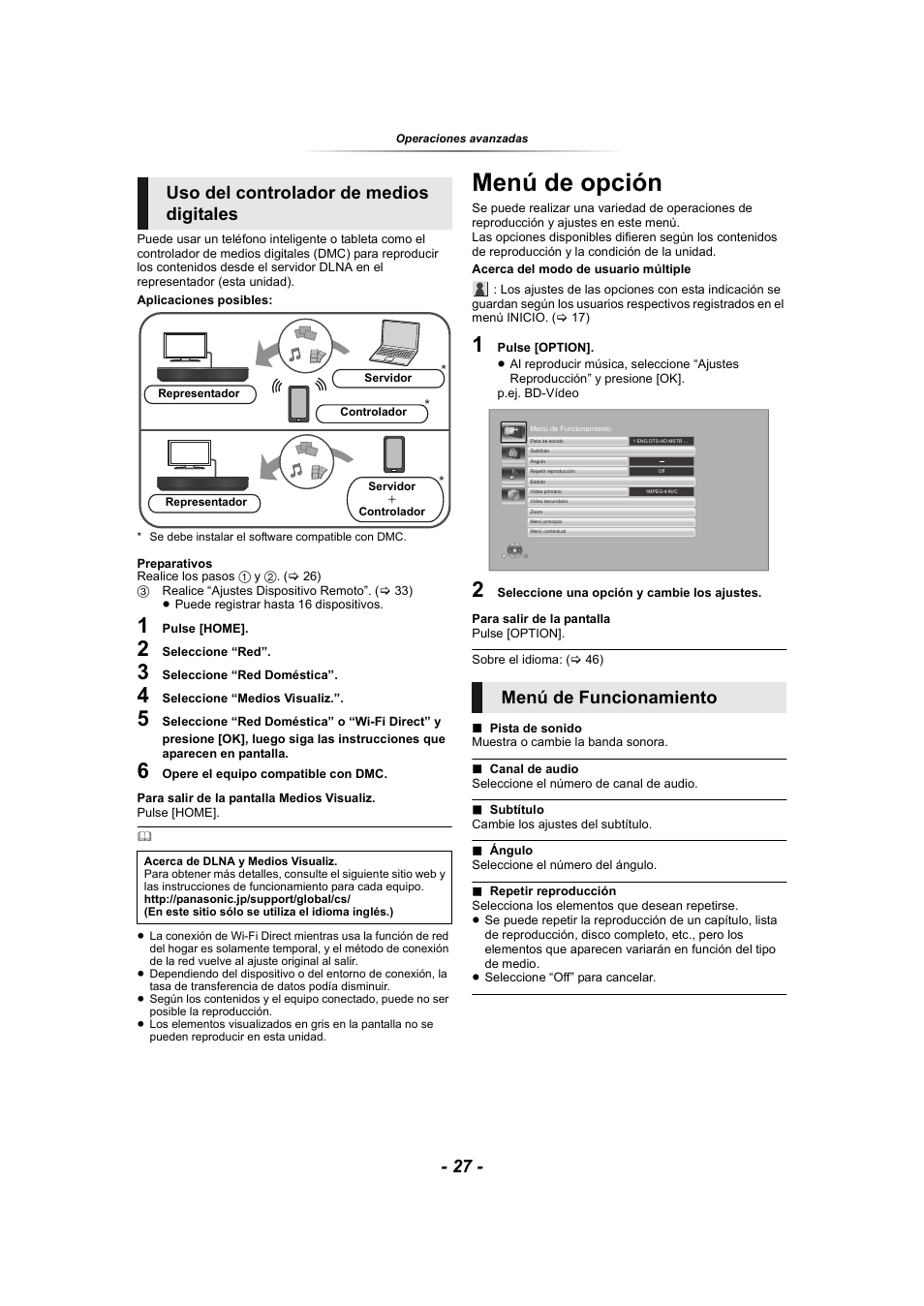 Menú de opción, Uso del controlador de medios digitales, Menú de funcionamiento | Panasonic SCBTT865EG User Manual | Page 27 / 48