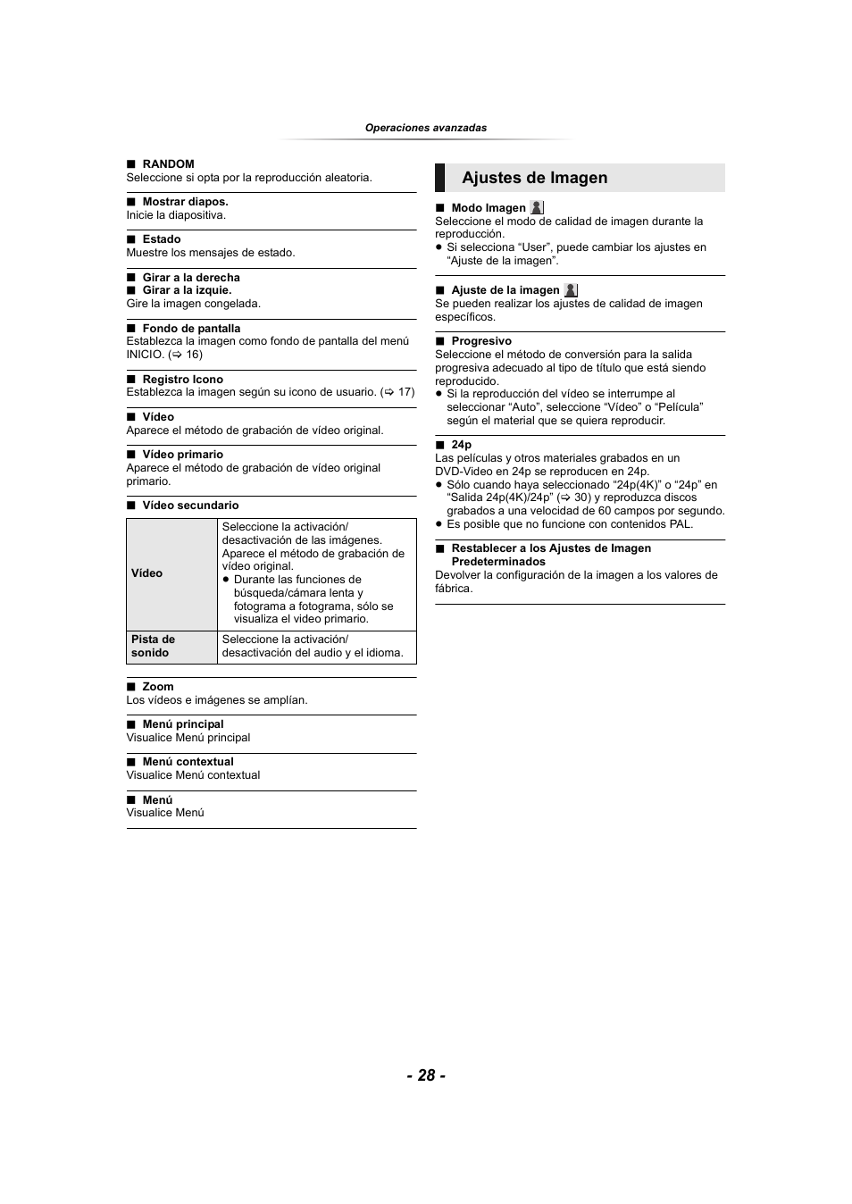 28, “registro icono”), 28, “fondo de pantalla”), Ajustes de imagen | Panasonic SCBTT865EG User Manual | Page 28 / 48