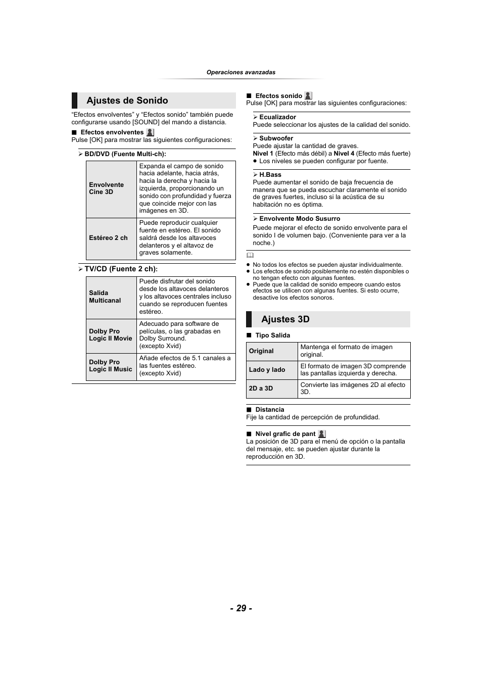 Ajustes 3d (> 29, Ajustes de sonido, Ajustes 3d | Panasonic SCBTT865EG User Manual | Page 29 / 48