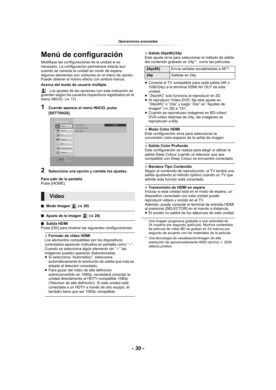Menú de configuración, 24p(4k)/24p” (> 30), P” (> 30) y | Vídeo | Panasonic SCBTT865EG User Manual | Page 30 / 48