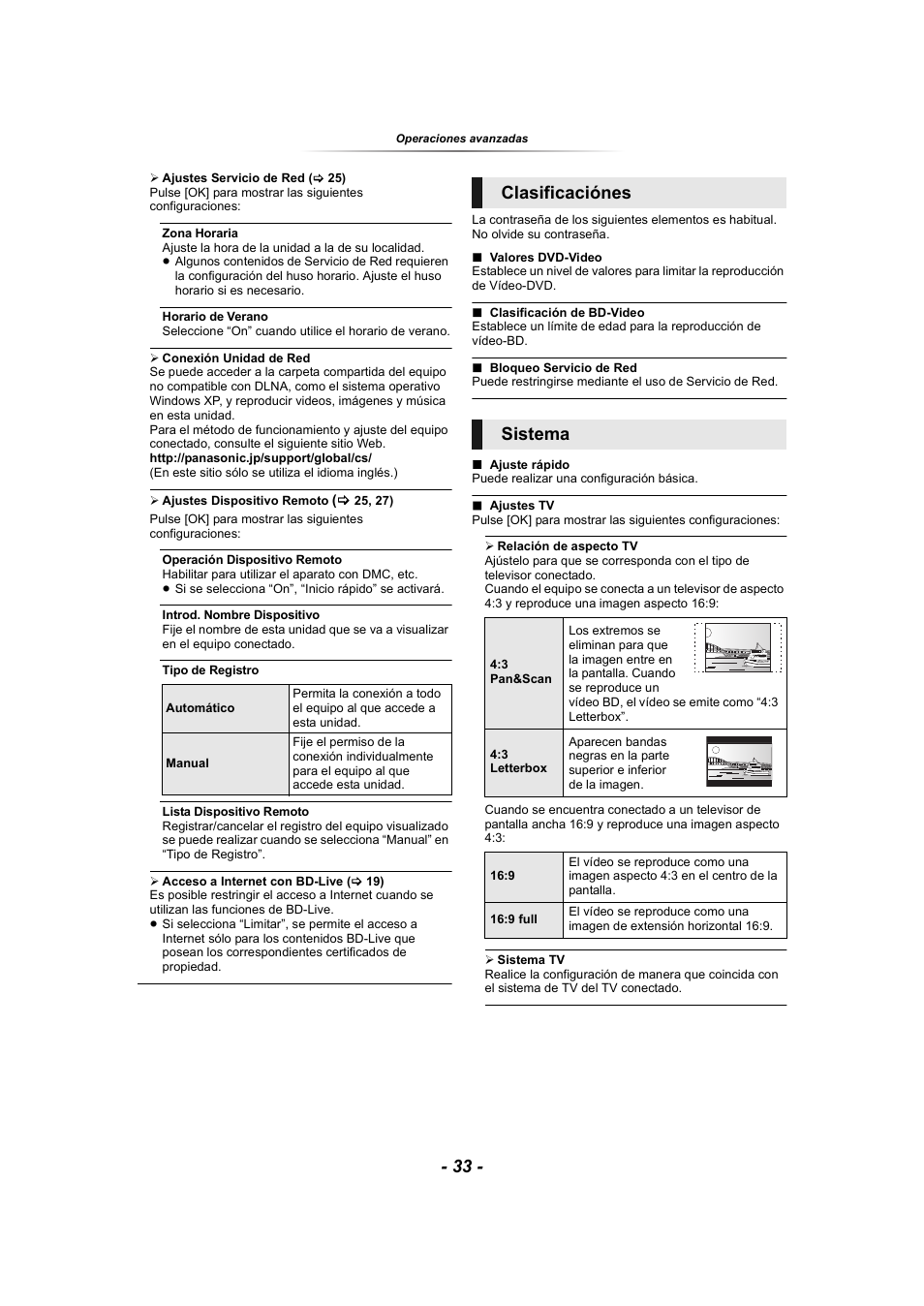 Unos discos (> 33), 33, “bloqueo servicio de red”), 33, “zona horaria”, “horario de verano”) | 33, “operación dispositivo remoto”), Clasificaciónes sistema | Panasonic SCBTT865EG User Manual | Page 33 / 48
