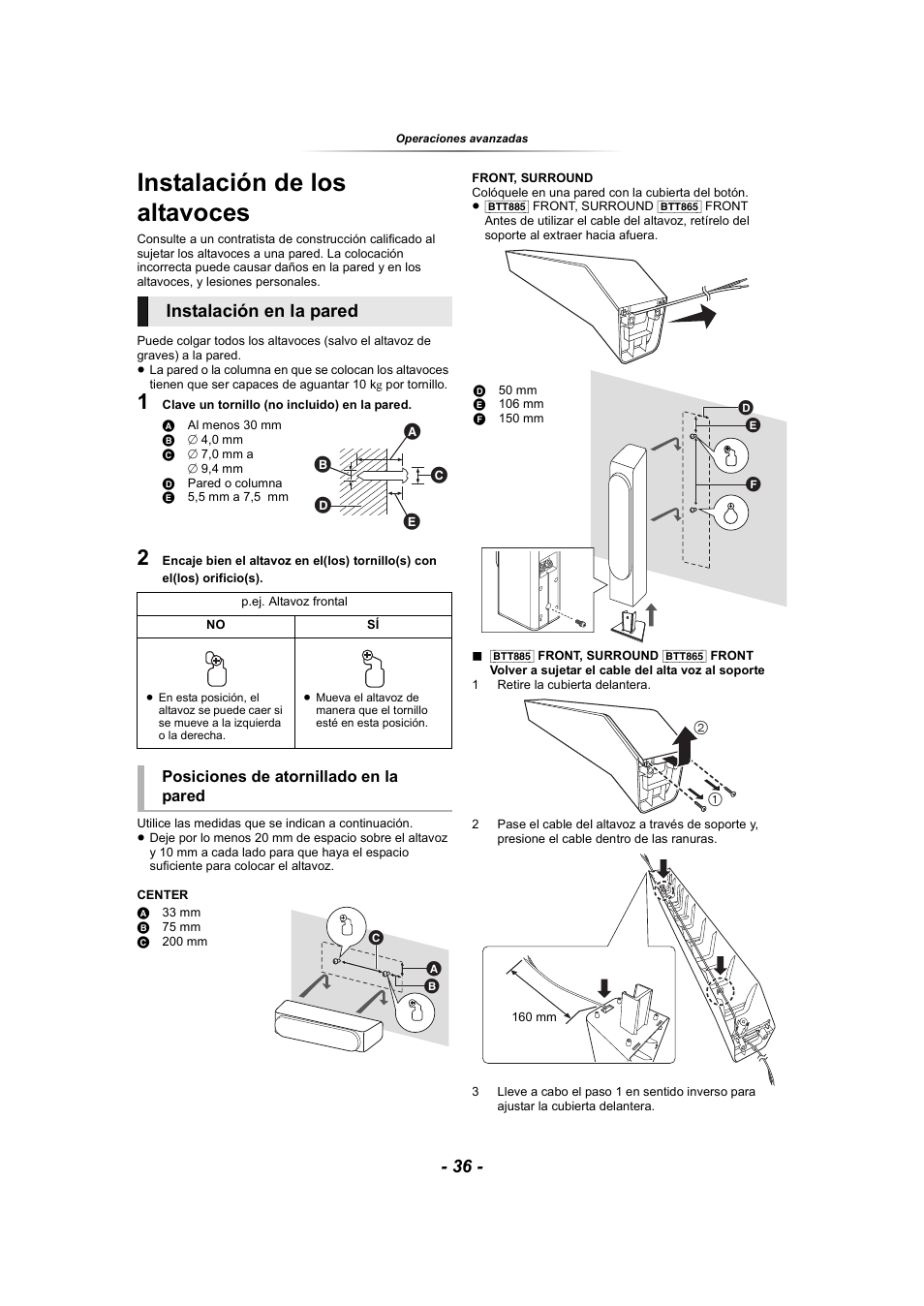Instalación de los altavoces, Na 36, Instalación en la pared | Panasonic SCBTT865EG User Manual | Page 36 / 48